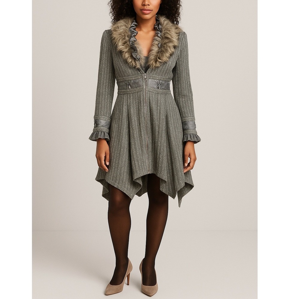 Nicole Sabbattini Boho Metallic Jacket Faux‎ Fur Satin Ruffle Asym Hem Small